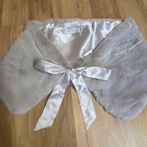 Gray Faux Fur Shawl with Satin Bow